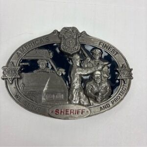 Vintage Sheriff Belt Buckle C + J Inc Pewter We Serve and Protect 1988 Collect